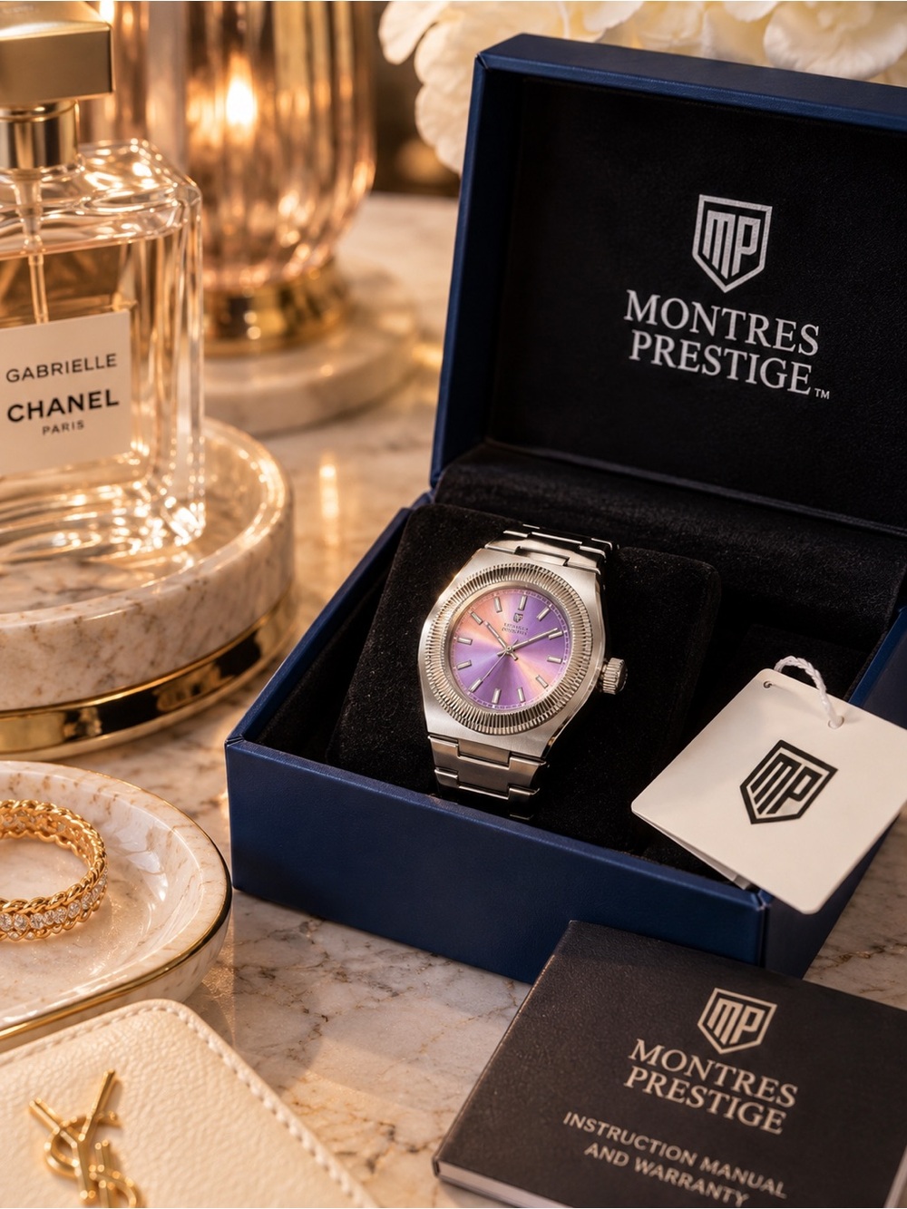 Montres Prestige MPW-0385 Silver Mini Ring Watch Purple Dial NWT